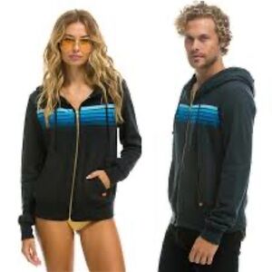 Aviator Nation 5 Stripe Zip Hoodie Charcoal Blue Sz Large